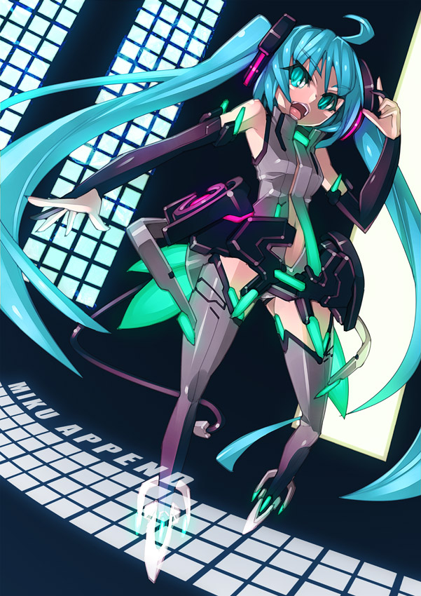 ahoge aqua_eyes aqua_hair bad_id breasts bridal_gauntlets center_opening elbow_gloves g.haruka gloves hatsune_miku hatsune_miku_(append) long_hair looking_at_viewer miku_append navel necktie open_mouth solo twintails very_long_hair vocaloid vocaloid_append