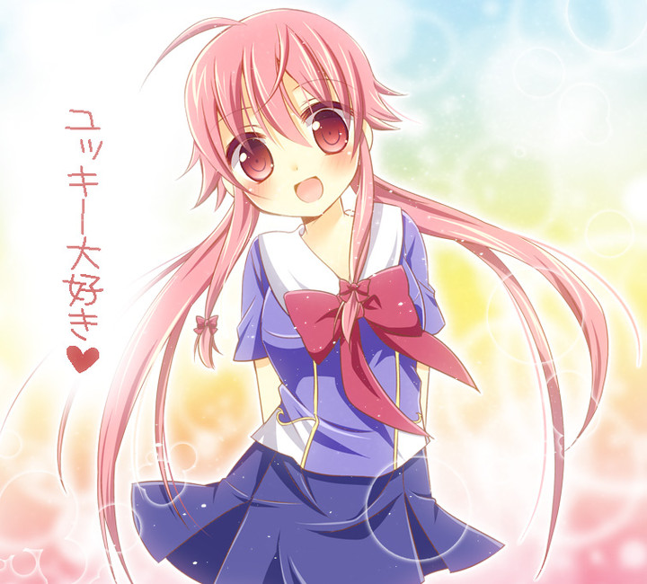 :d ahoge aino_osaru blush bow gasai_yuno long_hair mirai_nikki open_mouth pink_hair red_eyes skirt smile solo translated translation_request twintails