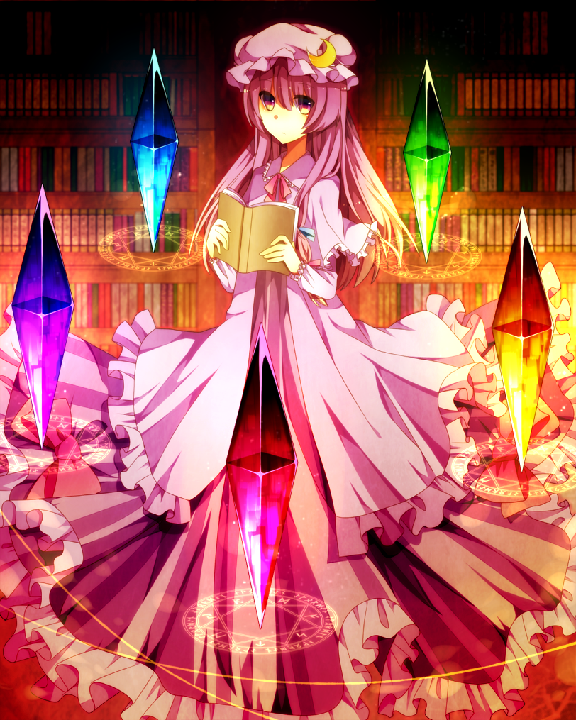 1girl blush book bookshelf bow crescent crystal dress hair_bow hat library long_hair magic_circle patchouli_knowledge philosopher's_stone pirororon purple_eyes purple_hair smile solo touhou violet_eyes voile