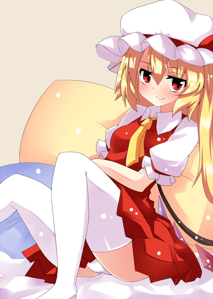 ascot blonde_hair flandre_scarlet hat kikiriri long_hair panties pantyshot pantyshot_(sitting) pantyshot_sitting pillow red_eyes side_ponytail sitting skirt smile solo thigh-highs thighhighs touhou underwear white_legwear wings