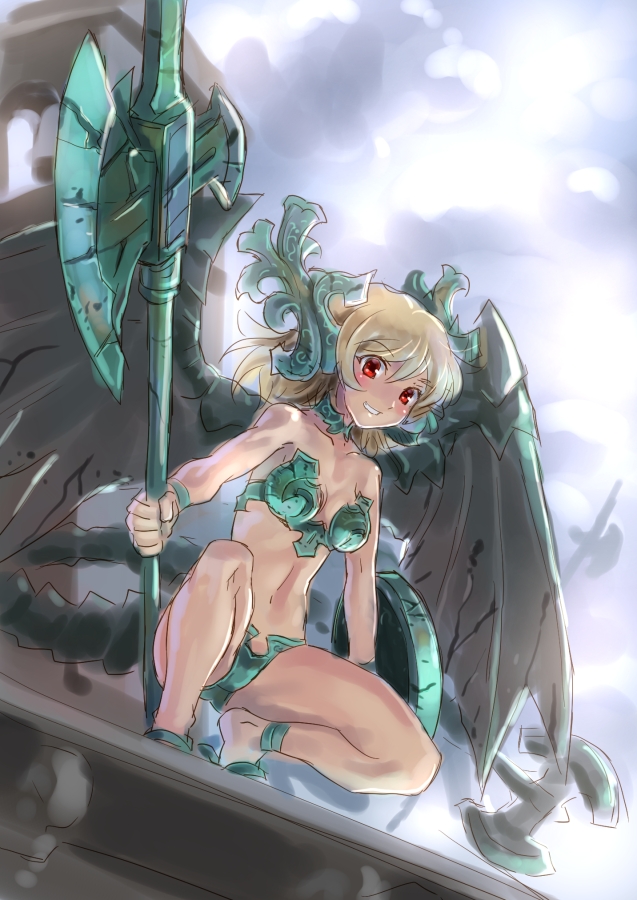 belfry_gargoyle blonde_hair dark_souls katahira_masashi personification poleaxe red_eyes squatting tail weapon