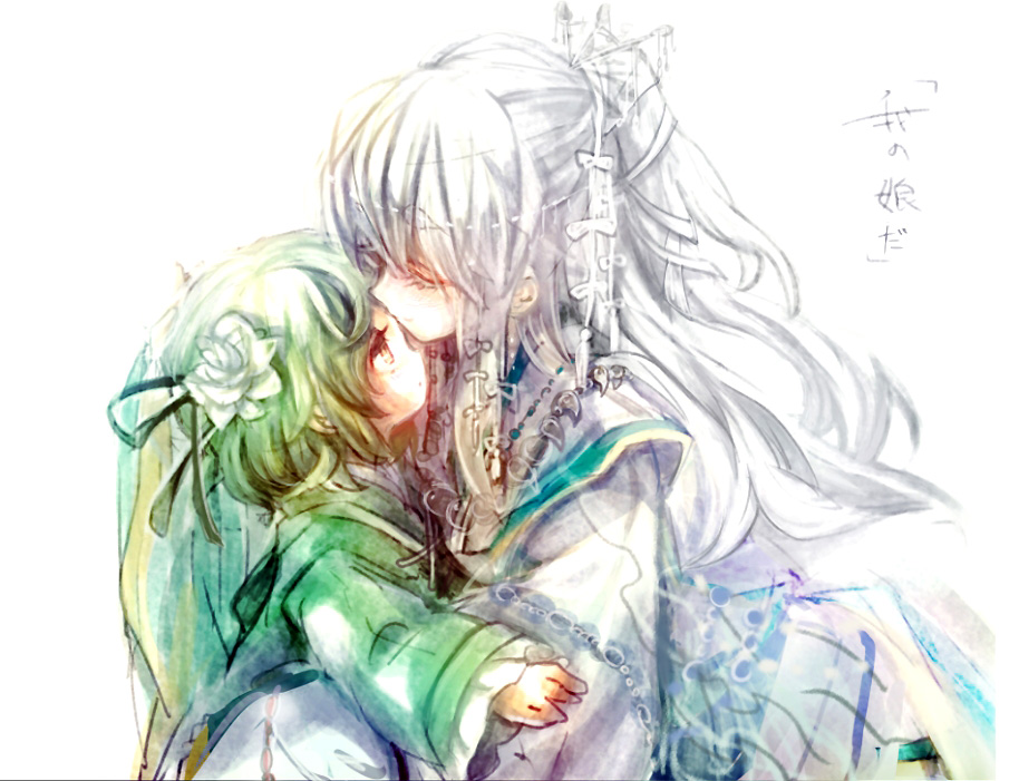 cercis child closed_eyes dress eyes_closed flower forehead_kiss green_dress green_hair japanese_clothes jewelry kiss long_hair long_sleeves magatama mononobe_no_futo multiple_girls necklace ponytail short_hair silver_hair smile soga_no_tojiko touhou translated translation_request white_background wide_sleeves yellow_eyes young