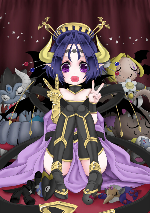 1girl :d barbamon bat beelzebumon blue_hair character_doll claws demon_(digimon) digimon double_v facial_mark fang forehead_mark hair_ornament heart horns leviamon lilithmon lucemon_falldown_mode open_mouth plush pointy_ears purple_eyes sitting smile solo thigh-highs thighhighs v violet_eyes ygm young