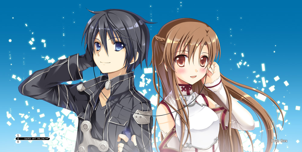 1girl :d armor asuna_(sao) black_hair blue_eyes blush brown_eyes brown_hair cape coat detached_sleeves fingerless_gloves gloves kirito long_hair open_mouth short_hair smile sousouman sword_art_online sword_srt_online title_drop yuuki_asuna