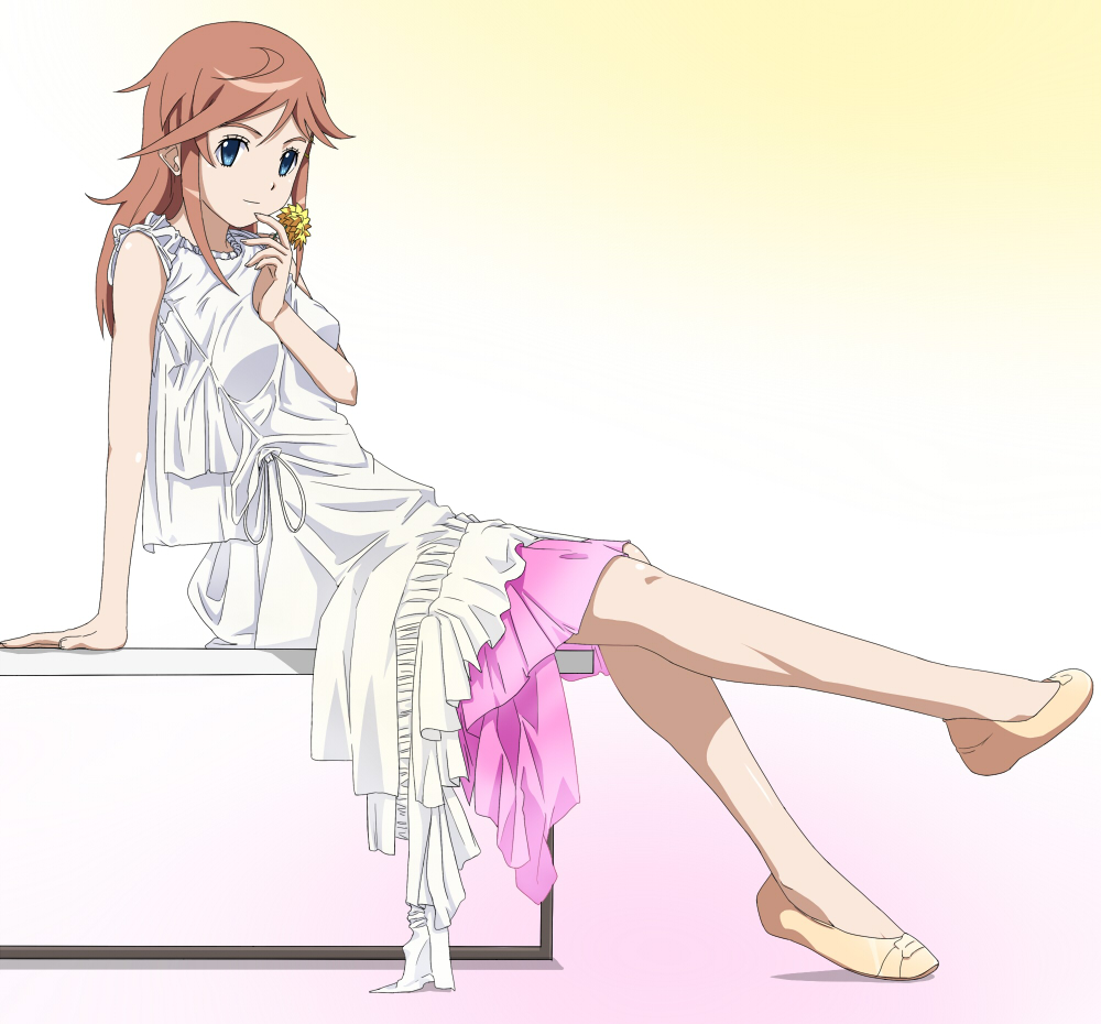 blue_eyes dress female flower katou_marika komatsu_mikako long_hair looking_at_viewer miniskirt_pirates pink_hair ribonzu seiyuu_connection sitting smile solo