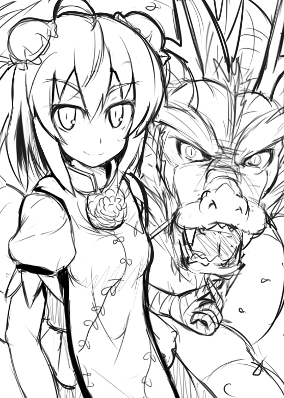 animal chinese_clothes double_bun dragon eastern_dragon flower hinami hinami_(hinatamizu) horns ibaraki_kasen lineart monochrome open_mouth puffy_sleeves rose short_hair short_sleeves slit_pupils smile touhou