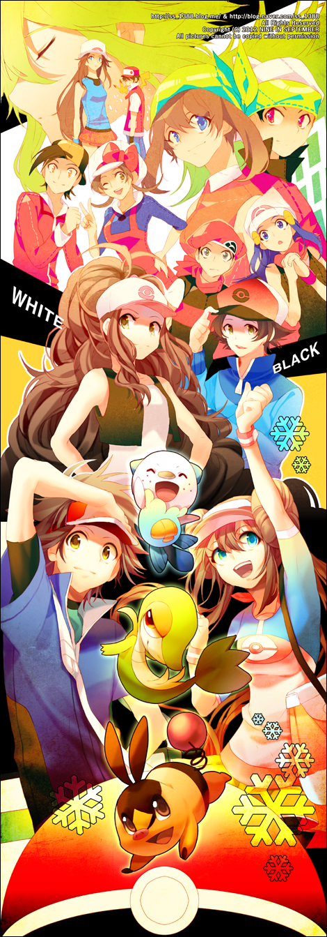 baseball_cap beanie blue_(pokemon) blue_eyes blue_hair brown_eyes brown_hair cabbie_hat closed_eyes double_bun eyes_closed gold_(pokemon) green_hair hair_ornament hairclip haruka_(pokemon) hat highres hikari_(pokemon) kotone_(pokemon) kouki_(pokemon) kyouhei_(pokemon) mei_(pokemon) n_(pokemon) oshawott overalls pokemon pokemon_(creature) ponytail porkpie_hat raglan_sleeves red_(pokemon) red_eyes skirt snivy tepig touko_(pokemon) touya_(pokemon) twintails v vest visor_cap vkekrdhs wink yuuki_(pokemon)