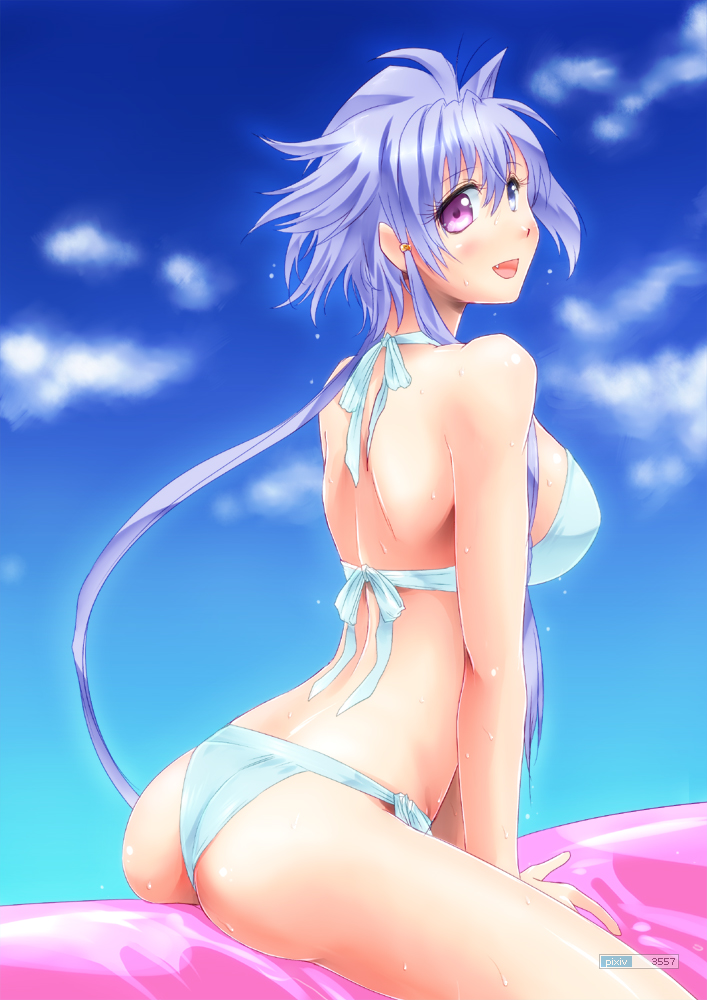 :d ass bikini blue_hair breasts heterochromia lavolpe_(yagisaka_seto) long_hair open_mouth original purple_hair sitting smile solo swimsuit wet yagisaka_seto