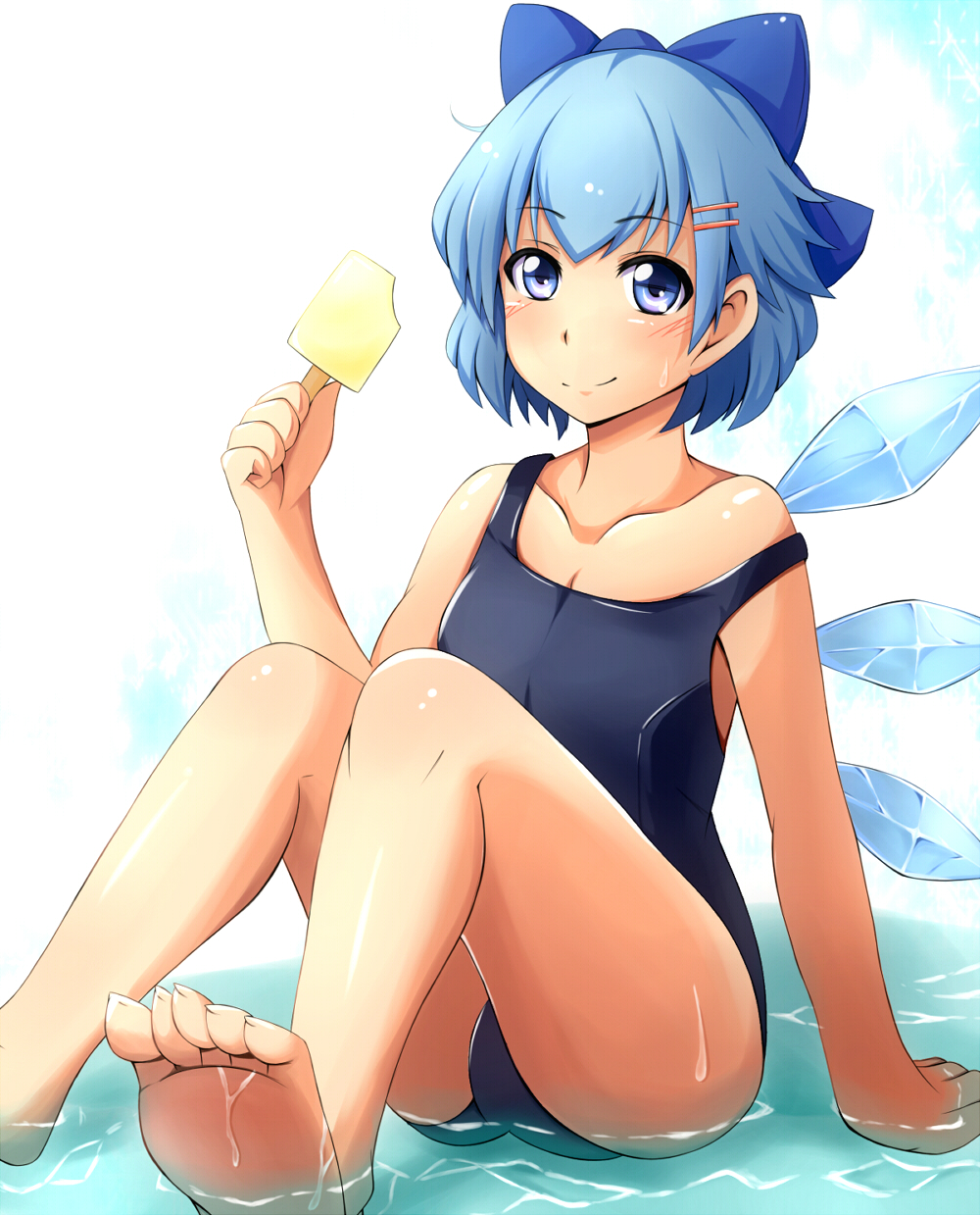 bad_id barefoot blue_eyes blue_hair blush bow cirno collarbone feet food hair_bow hair_ornament hairpin highres holding ice ice_cream ice_wings looking_at_viewer one-piece_swimsuit onodera_(ilovehitagi) popsicle school_swimsuit short_hair sitting sleeveless smile solo strap_slip swimsuit toes touhou water wet wings