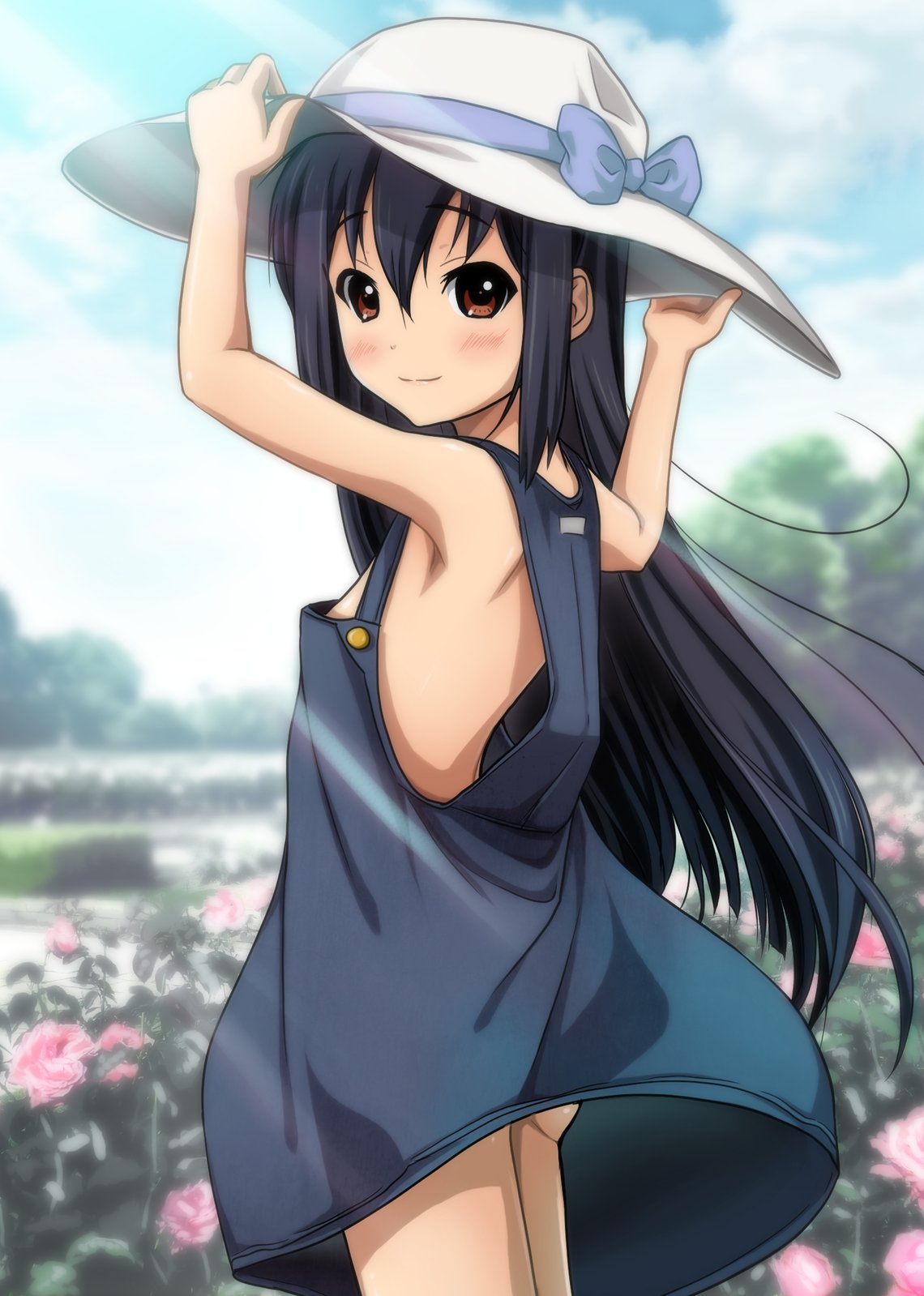 alternate_hairstyle black_hair blush bow brown_eyes cloud clouds flower hair_down hands_on_hat hat highres k-on! light_smile long_hair looking_at_viewer looking_back nakano_azusa naked_overalls overalls pink_rose rose ryunnu sky solo sun_hat sunbeam sunlight wind