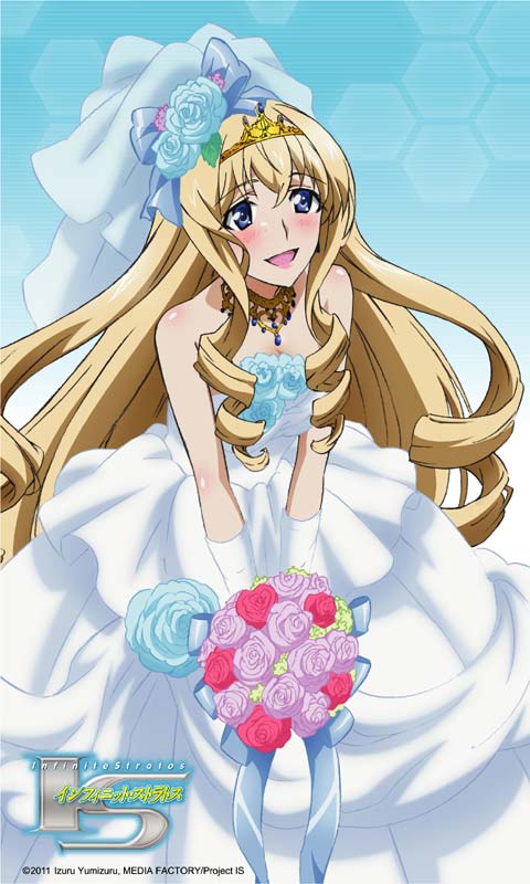 bare_shoulders blonde_hair blue_eyes blush bouquet bridal_veil cecilia_alcott dress drill_hair elbow_gloves flower gloves infinite_stratos jewelry long_hair necklace solo tiara v_arms veil very_long_hair wedding_dress white_gloves