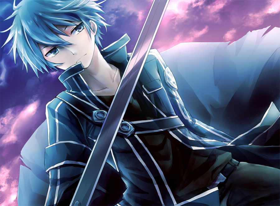 black_hair blue_eyes cape coat kirito male short_hair sol_(tvtjk7ubec) solo sword sword_art_online weapon