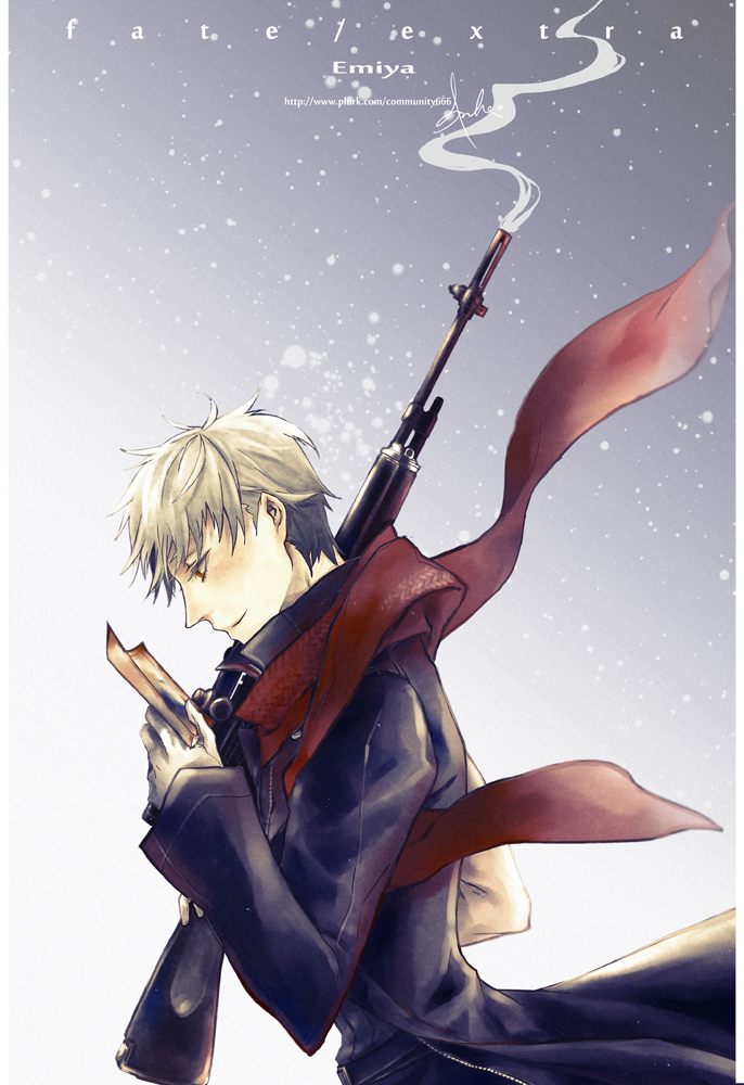 archer community666 fate/extra fate_(series) gun male paper reading red_eyes rifle scarf sniper_rifle solo title_drop trench_coat watermark weapon web_address white_hair