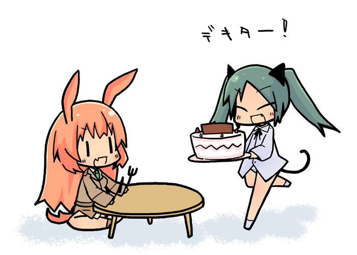 animal_ears bunny_ears cake cat_ears cat_tail charlotte_e_yeager fang food fork francesca_lucchini knife long_hair luu military military_uniform multiple_girls open_mouth panties rabbit_ears strike_witches striped striped_panties table tail translated twintails underwear uniform