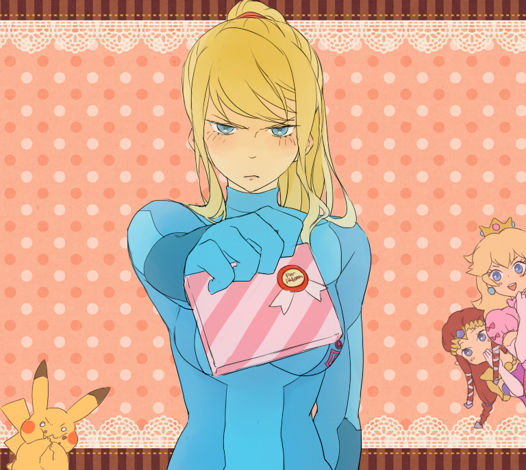 blonde_hair blue_eyes blush brown_hair english frown gift glaring gloves hand_over_mouth long_hair metroid nintendo pikachu pokemon polka_dot polka_dot_background ponytail princess_peach princess_zelda samus_aran smile super_mario_bros. super_smash_bros. the_legend_of_zelda tsundere twilight_princess valentine zero_suit