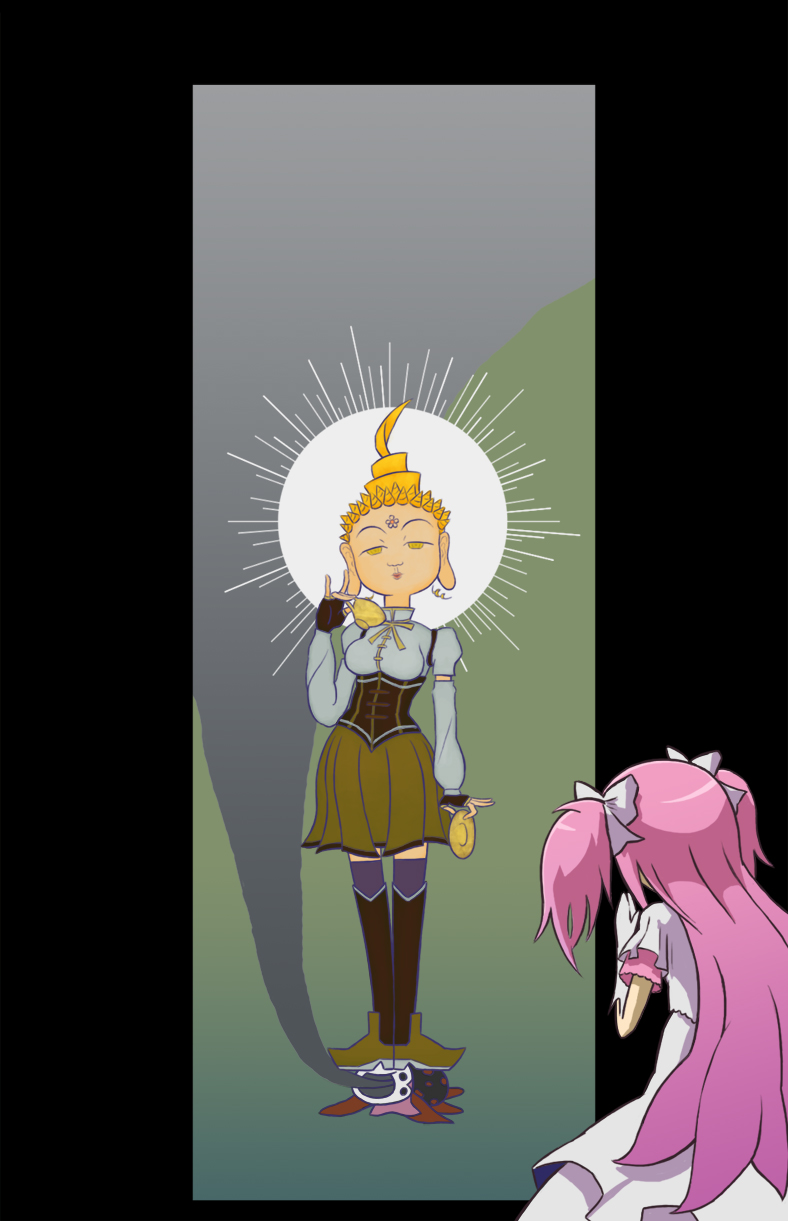 buddha charlotte_(madoka_magica) fusion goddess_madoka highres kaname_madoka karana_mudra long_hair magical_girl mahou_shoujo_madoka_magica mudra multiple_girls noimo stretched_earlobes sunburst thighhighs tomoe_mami ultimate_madoka vitarka_mudra yellow_eyes