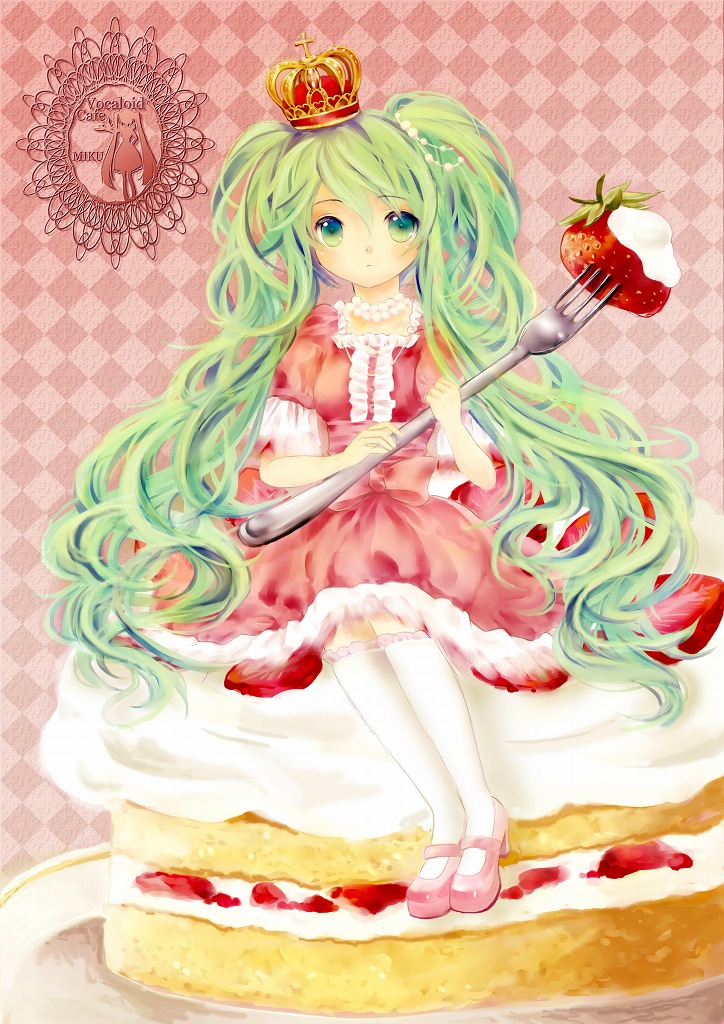 argyle argyle_background cake crown dress food fork fruit green_eyes green_hair hatsune_miku high_heels in_food jewelry kneehighs long_hair mary_janes minigirl necklace shoes sitting solo strawberry twintails very_long_hair vocaloid