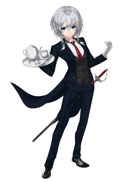 alternate_costume blue_eyes braid butler cup dress_shirt formal gloves holding izayoi_sakuya kettle necktie platter rapier shirt short_hair silver_hair simple_background smile solo suit sword tailcoat takemori_shintarou teacup teapot touhou tray twin_braids weapon white_background white_gloves