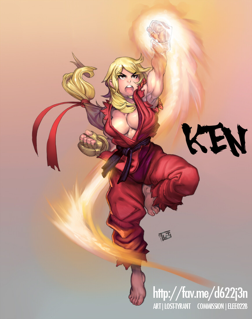 1girl barefoot blonde_hair breasts brown_eyes cleavage clenched_hands dougi eyebrows fingerless_gloves flame gloves hair_ribbon ken_masters long_hair lost-tyrant low-tied_long_hair muscle no_bra open_mouth ribbon shouryuuken sleeveless solo street_fighter street_fighter_zero thick_eyebrows uppercut watermark web_address