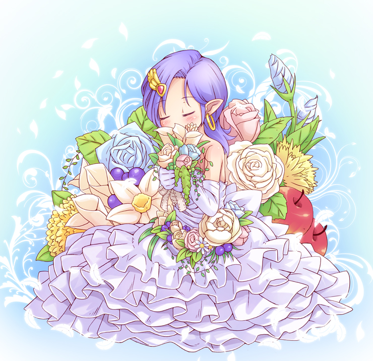 apple bare_shoulders bella_(dq5) blush bouquet closed_eyes dragon_quest dragon_quest_v dress earrings elbow_gloves eyes_closed flower food frilled_dress frills fruit gloves hair_ornament jewelry mizuno_mumomo pointy_ears purple_hair sleeveless sleeveless_dress solo strapless_dress wedding_dress