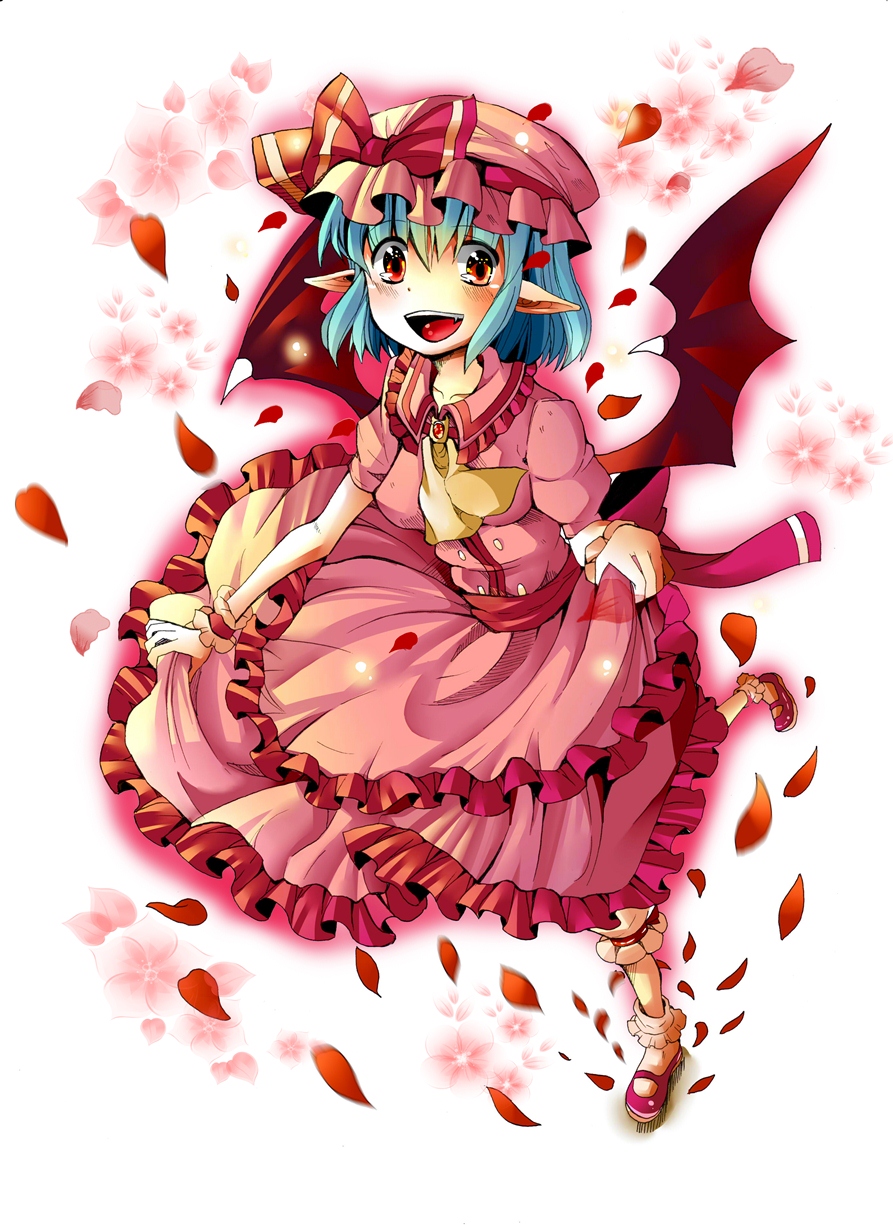 ascot bad_id blue_hair bow collarbone demon_wings frilled_legwear frilled_socks frills fumiko_(miruyuana) hat hat_bow highres jewelry open_mouth petals pointy_ears red_eyes remilia_scarlet short_hair socks solo touhou wings wrist_cuffs