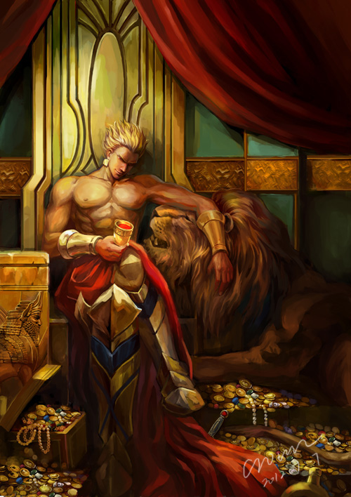 armor blonde_hair crown207 earrings fate/zero fate_(series) gilgamesh goblet gold jewelry lion red_eyes shirtless signature throne treasure vambraces wine