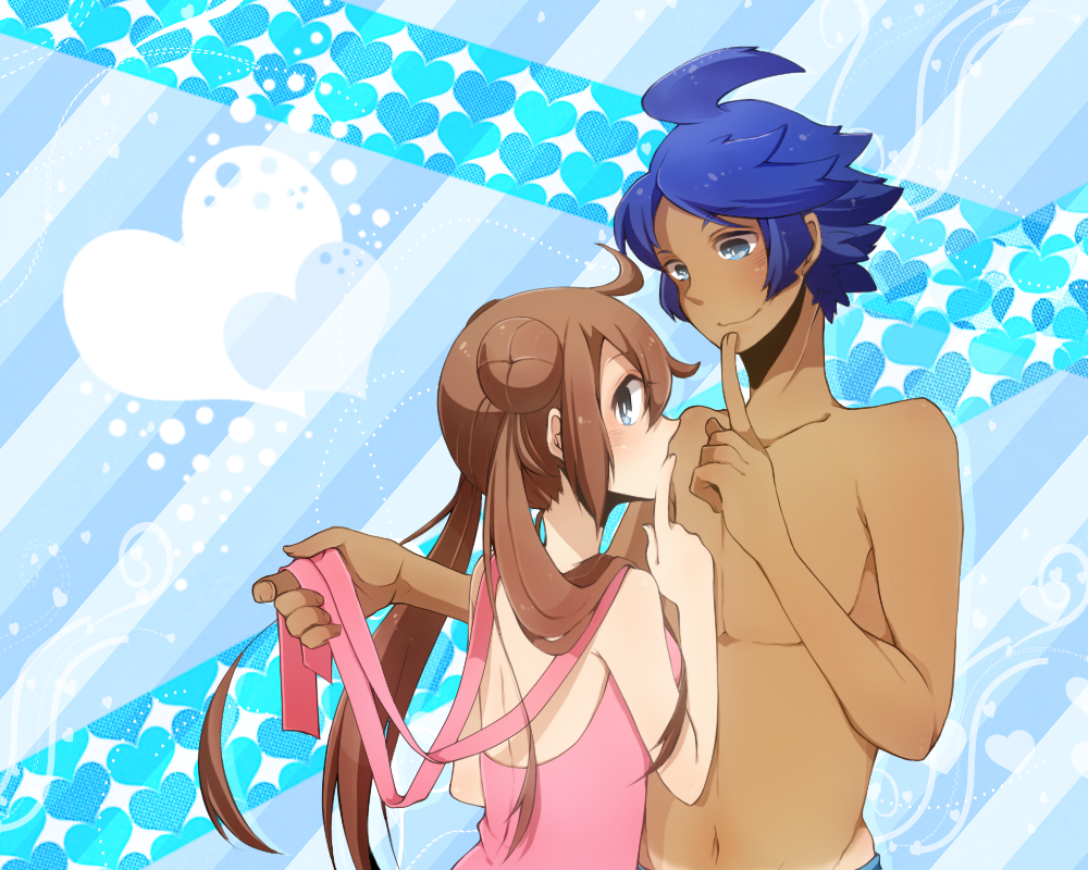 4gnal blue_eyes blue_hair brown_hair couple double_bun finger_to_mouth heart height_difference long_hair mei_(pokemon) pokemon pokemon_(game) pokemon_bw2 raichi_(28bit!!) shizui_(pokemon) smile swimsuit tan twintails undressing very_long_hair