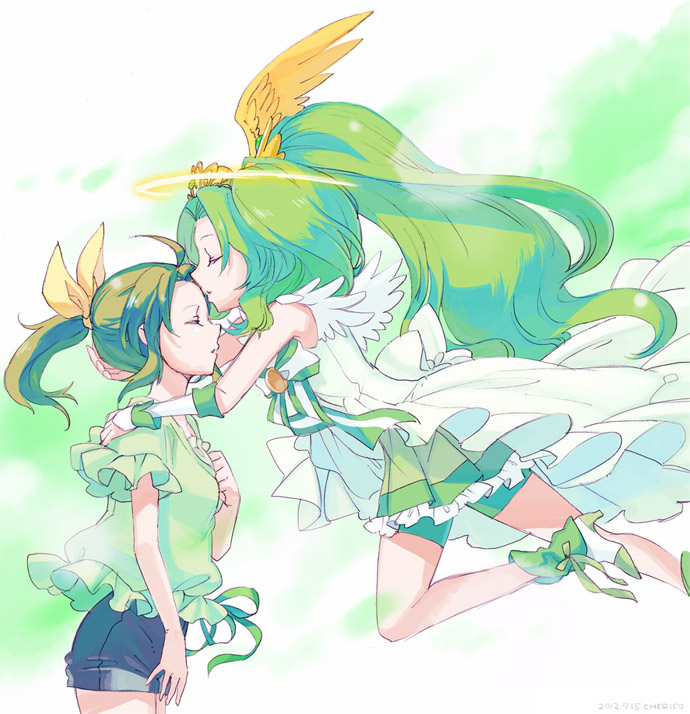 bare_shoulders bike_shorts bow bowtie brooch casual cherico closed_eyes cure_march dress dual_persona eyes_closed forehead_kiss green green_dress green_hair hair_ribbon halo head_wings high_heels jewelry kiss long_hair magical_girl midorikawa_nao pleated_skirt ponytail precure princess_form_(smile_precure!) ribbon selfcest shirt shoes short_hair shorts shorts_under_skirt skirt smile_precure! tiara yuri