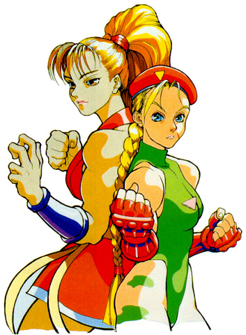 90s back-to-back blonde_hair cammy_white capcom clenched_hands fighting_stance final_fight fingerless_gloves genryuusai_maki gloves japanese_clothes leotard lowres multiple_girls official_art ponytail scar street_fighter street_fighter_iv thong_leotard vambraces