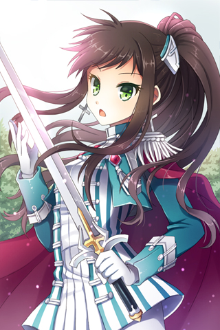 cape cross earrings epaulettes gloves green_eyes holding jacket jewelry long_hair lowres mauve open_mouth pantyhose ponytail resized rosary striped sword sword_girls weapon white_legwear