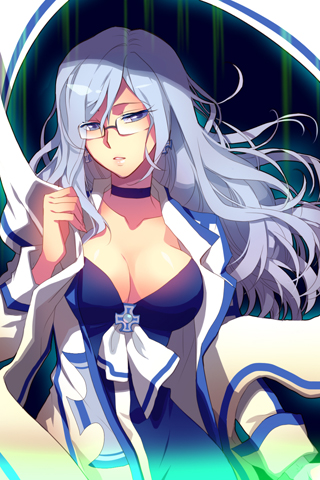 blue_eyes blue_hair breasts c.seryl choker glasses holding jacket long_hair lowres open_mouth rimless_glasses sheryl sword_girls