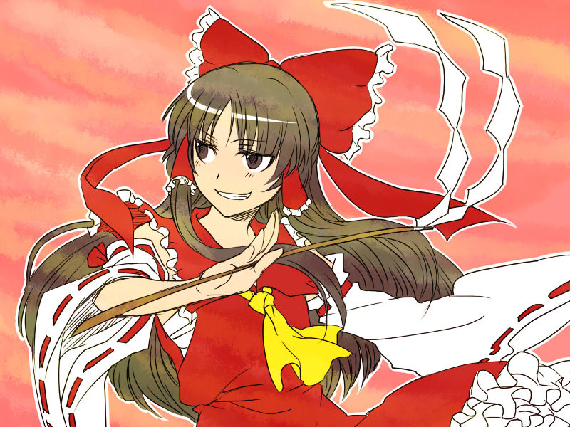 bow brown_eyes brown_hair detached_sleeves esaka gohei grin hair_bow hakurei_reimu long_hair smile solo touhou