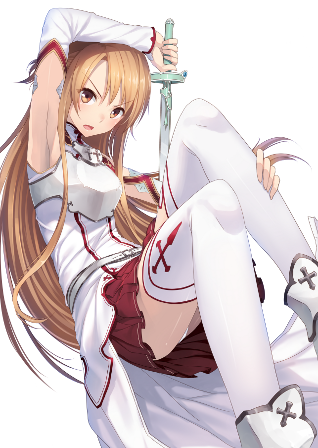 ac_(eshi) arm_up armpits asuna_(sao) brown_eyes brown_hair detached_sleeves gloves holding long_hair looking_at_viewer simple_background skirt solo sword sword_art_online thigh-highs thighhighs weapon white_background white_legwear yuuki_asuna