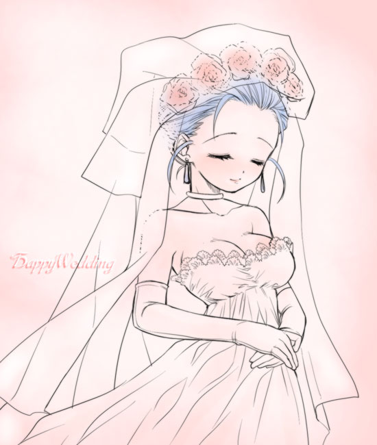 bare_shoulders blue_hair blush breasts bridal_veil chiru choker cleavage closed_eyes dragon_quest dragon_quest_v dress earrings elbow_gloves eyes_closed flora flower gloves hair_flower hair_ornament hair_up jewelry rose smile solo strapless_dress veil wedding_dress