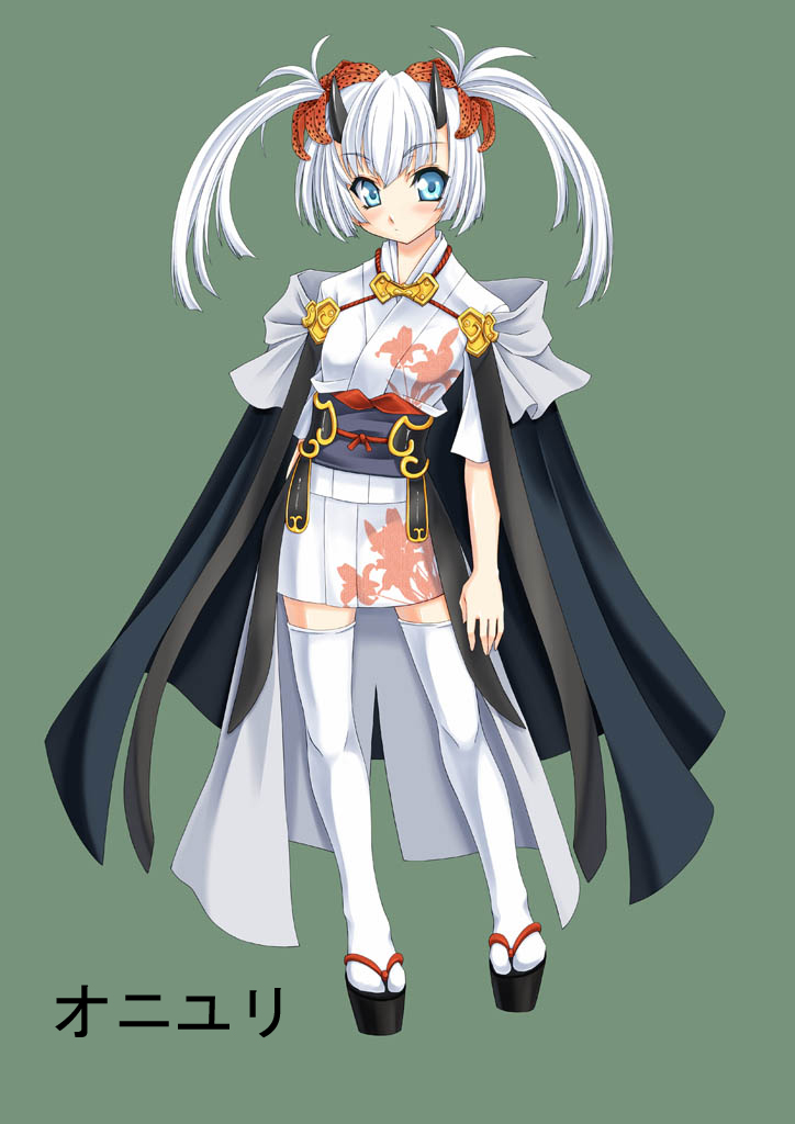 blue_eyes capelet female flat_chest gekato horns legs mantle original simple_background skirt solo standing thigh-highs thighhighs twintails white_hair white_legwear white_thighhighs
