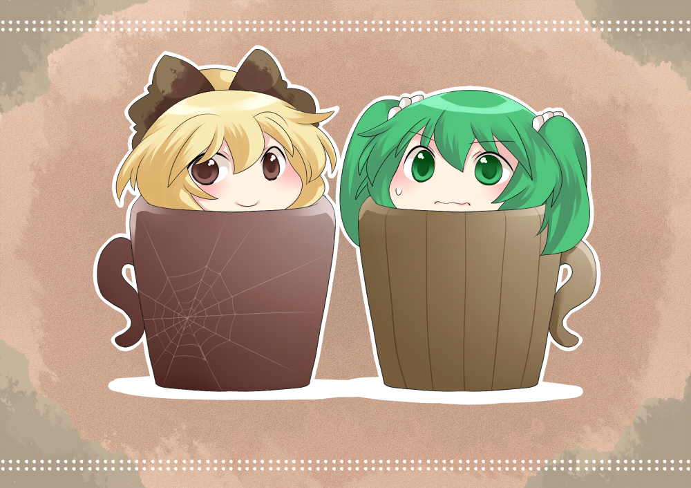 aenobas blonde_hair blush brown_eyes chibi cup green_eyes green_hair hammer_(sunset_beach) in_container in_cup kisume kurodani_yamame looking_at_viewer multiple_girls outline smile spider_web spider_web_print sweatdrop touhou twintails