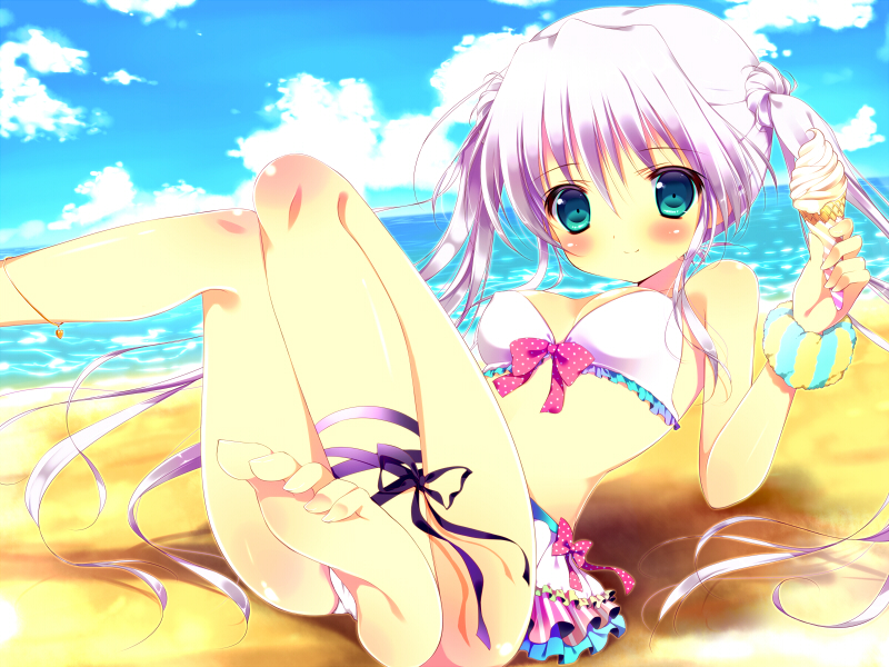 ankle_ribbon barefoot beach bikini blue_eyes blush bracelet feet food holding ice_cream jewelry long_hair original pink_hair purple_hair ribbon sand sarico sitting smile soles solo swimsuit toes twintails water