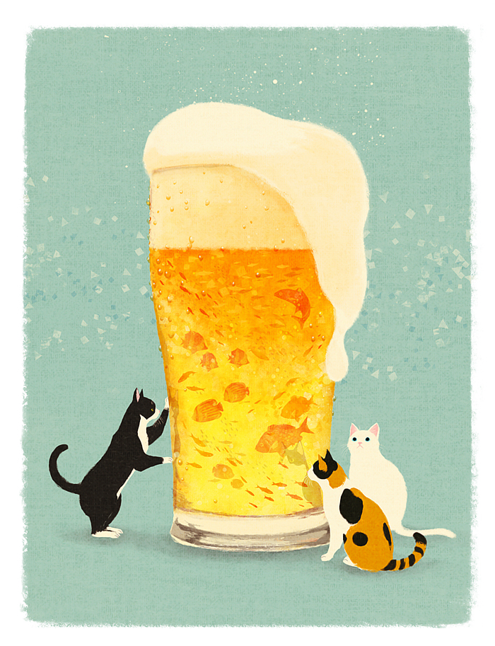 beer cat fish foam food glass minimized no_humans original oversized_object simple_background sitting tetorapod