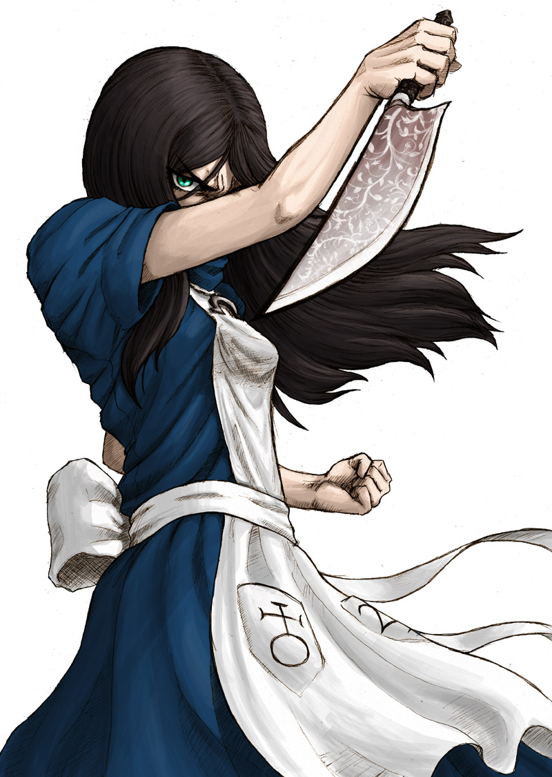 alice:_madness_returns alice_(character) alice_(wonderland) alice_in_wonderland american_mcgee's_alice angry apron black_hair brown_hair ceramic_man clenched_hand daakuman dress green_eyes jewelry knife long_hair necklace reverse_grip vorpal_blade weapon white_background wind