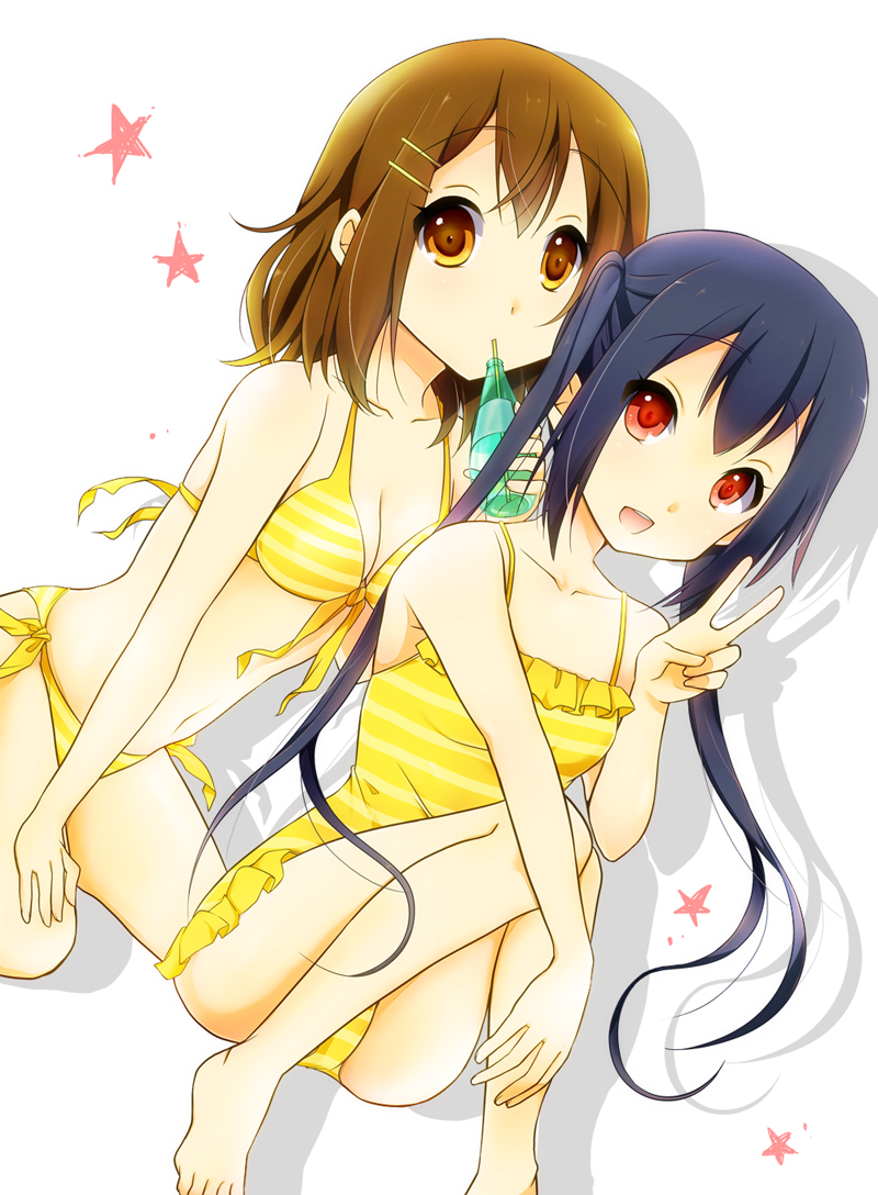 aruki barefoot bikini black_hair bottle breasts brown_eyes brown_hair casual_one-piece_swimsuit cleavage front-tie_top hirasawa_yui k-on! long_hair multiple_girls nakano_azusa navel one-piece_swimsuit open_mouth red_eyes shadow short_hair side-tie_bikini sipping smile straw striped striped_bikini striped_swimsuit swimsuit twintails v