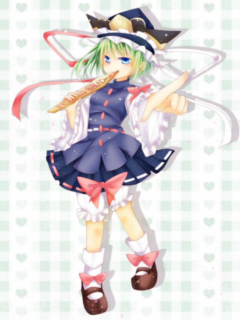 bloomers blue_eyes bow green_hair hat long_sleeves mary_janes pointing rod rod_of_remorse shikieiki_yamaxanadu shoes short_hair solo standing touhou wide_sleeves