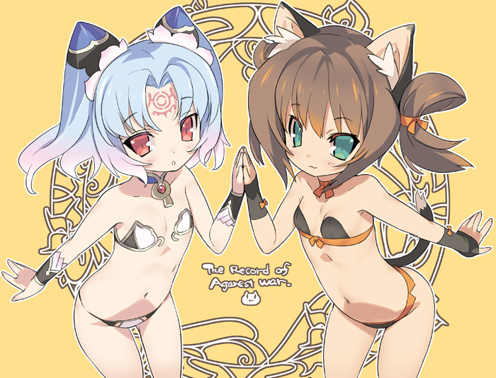 agarest_senki agarest_senki_mariage animal_ears bikini blade_(lovewn) blue_eyes blue_hair brown_hair cat_ears character_request flat_chest hand_holding holding_hands kunka long_hair multiple_girls navel piadina red_eyes short_hair short_twintails smile swimsuit tail twintails