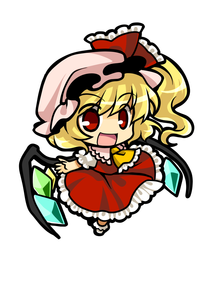 ascot blonde_hair chibi crystal flandre_scarlet hat hat_ribbon open_mouth puffy_sleeves red_eyes ribbon short_sleeves side_ponytail socha solo touhou wings