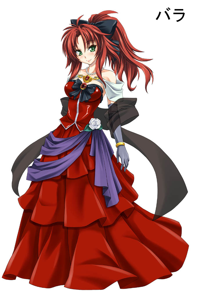 bare_shoulders bracelet breasts elbow_gloves female gekato gloves green_eyes hair_ornament hair_ribbon jewelry large_breasts long_hair long_skirt necklace original ponytail red_hair redhead ribbon simple_background skirt solo standing white_background