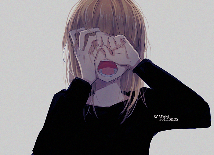 1girl black_shirt blonde_hair bust copyright_request covering_eyes dated english grey_background io_(sinking=carousel) long_sleeves open_mouth simple_background solo