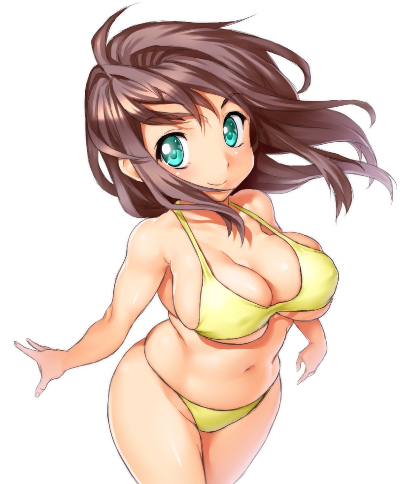 bikini breasts brown_hair cleavage green_eyes large_breasts long_hair navel onsoku_maru original plump simple_background smile solo swimsuit white_background yellow_swimsuit