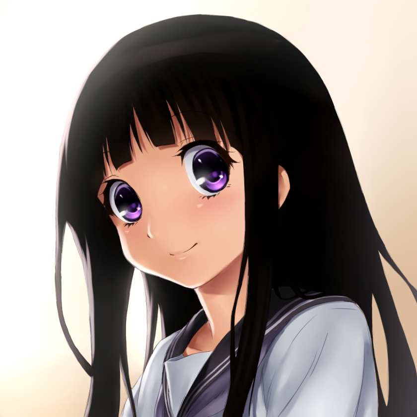 bangs black_hair blunt_bangs chitanda_eru hyouka light_smile long_hair looking_at_viewer onsoku_maru purple_eyes school_uniform serafuku simple_background smile solo violet_eyes