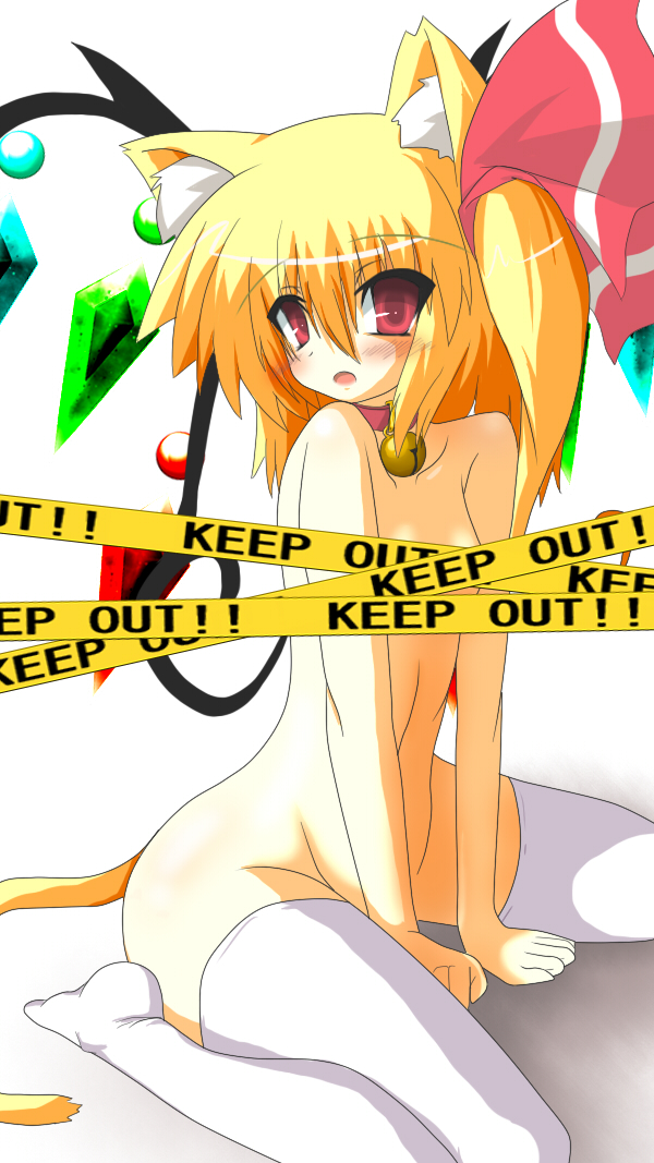 animal_ears bell blonde_hair blush cat_ears cat_tail censored collar collarbone convenient_censoring crystal flandre_scarlet flat_chest gomasamune hair_ribbon kemonomimi_mode open_mouth red_eyes ribbon short_hair side_ponytail solo tail thigh-highs thighhighs touhou white_background wings