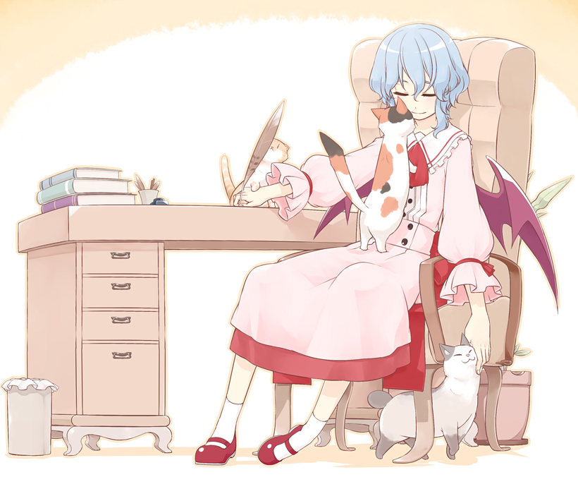 alternate_costume animal bat_wings blue_hair book cat chair closed_eyes cup drawer eyes_closed long_sleeves mary_janes puffy_sleeves quill remilia_scarlet sakuraba_yuuki shoes short_hair sitting smile solo table touhou trash_can trashcan wings
