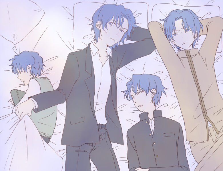 2boys age_difference blue_hair eyes_closed fate/stay_night fate/zero fate_(series) father_and_son formal kohetake_(ronpaxronpa) matou_byakuya matou_shinji multiple_boys multiple_persona pillow short_hair sleeping suit time_paradox uniform young